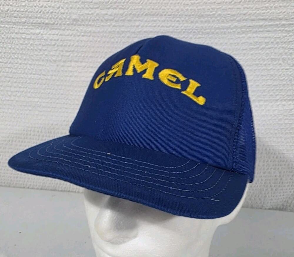 Vintage Camel Cigarettes Trucker Hat Blue Yellow Mesh Snapback Made In USA